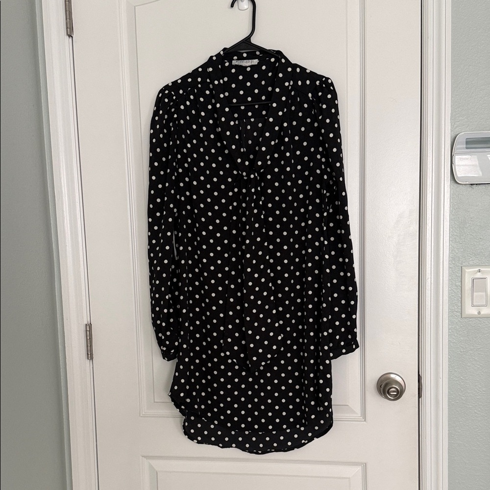 Forever 21 tie neck long sleeves tunic mini dress Black White Polka Dots Sz M